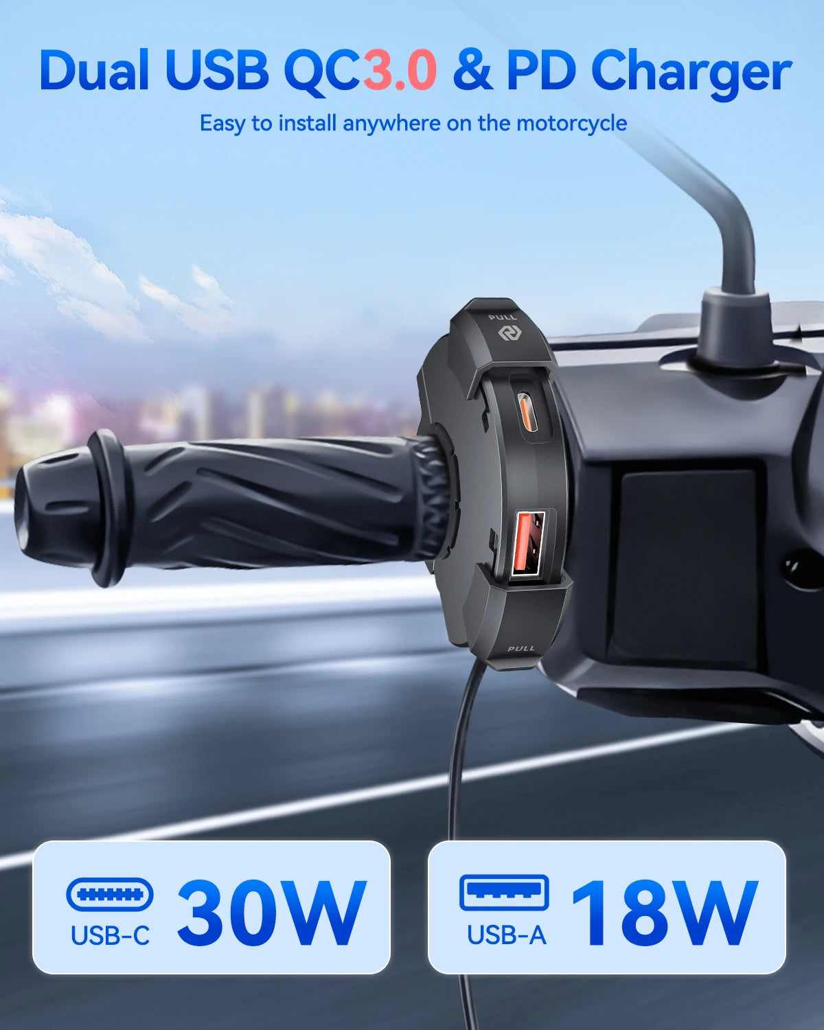 Chargeur Moto USB + Type-C 48W – Étanche IP65, Fixation Guidon, PD + QC3.0 Ultra Rapide