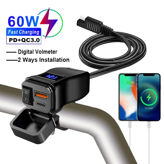 Chargeur Moto 12V Étanche 60W – Double USB PD + QC3.0 avec Voltmètre et Switch